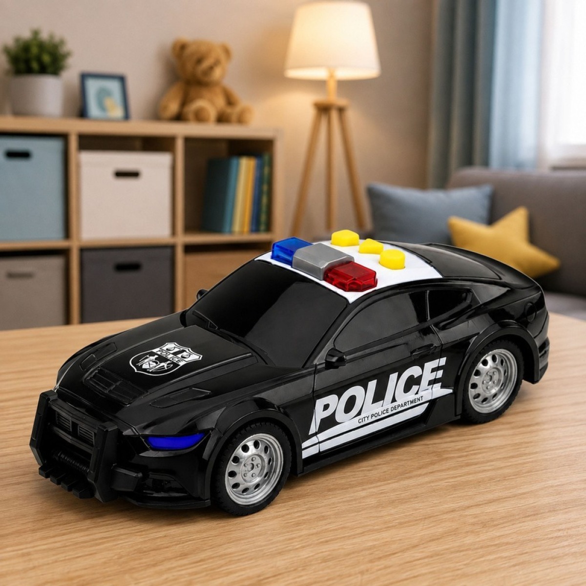 Melna policijas automašīna ar gaismām un skaņu, 1:32