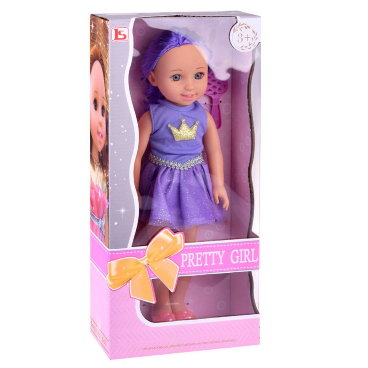 Violeta lelle ar gariem matiem un kroni, 38 cm