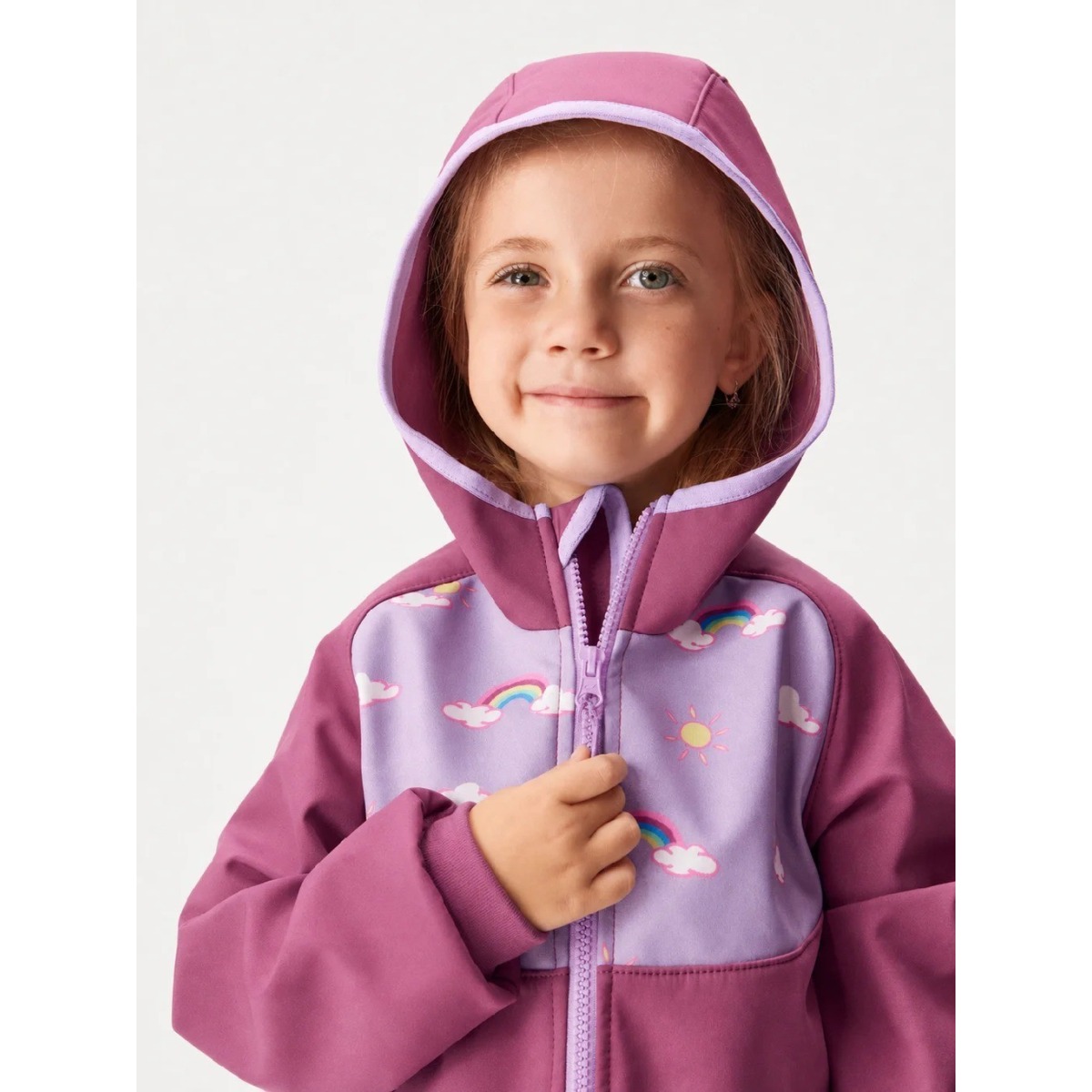 Bērnu softshell jaka ar flīsa oderi Basic, plūmju krāsā ar varavīksnēm