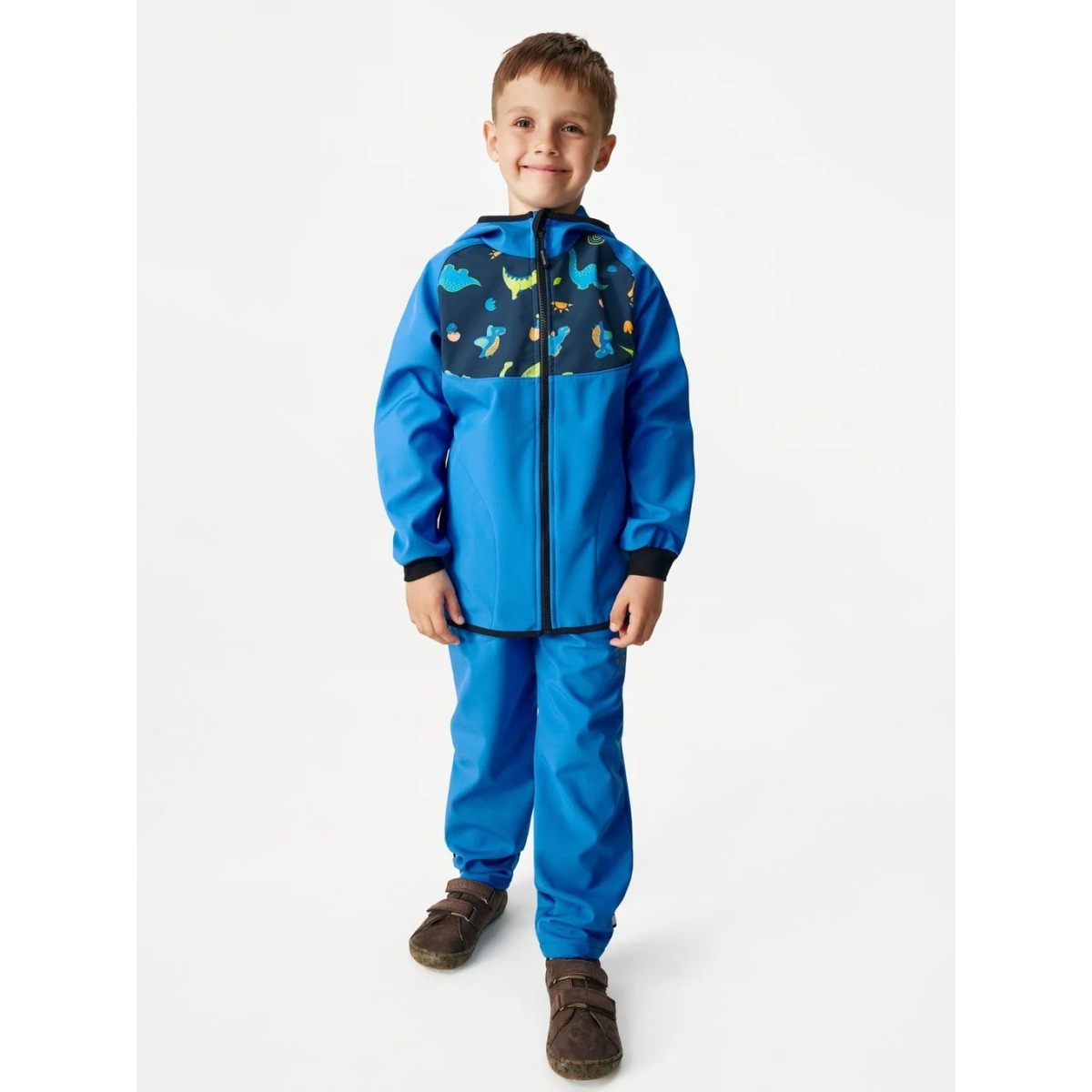 Bērnu softshell jaka ar flīsa oderi Basic, zila ar dinozauriem