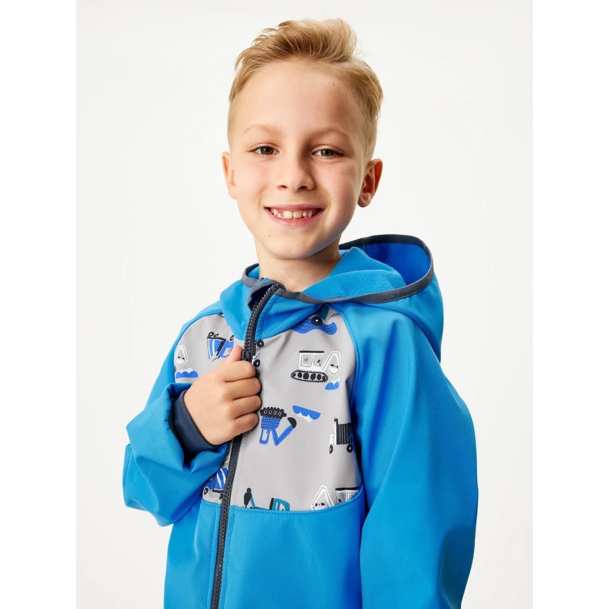 Bērnu softshell jaka ar flīsa oderi Basic, zila ar celtniecības tehnikas rakstu