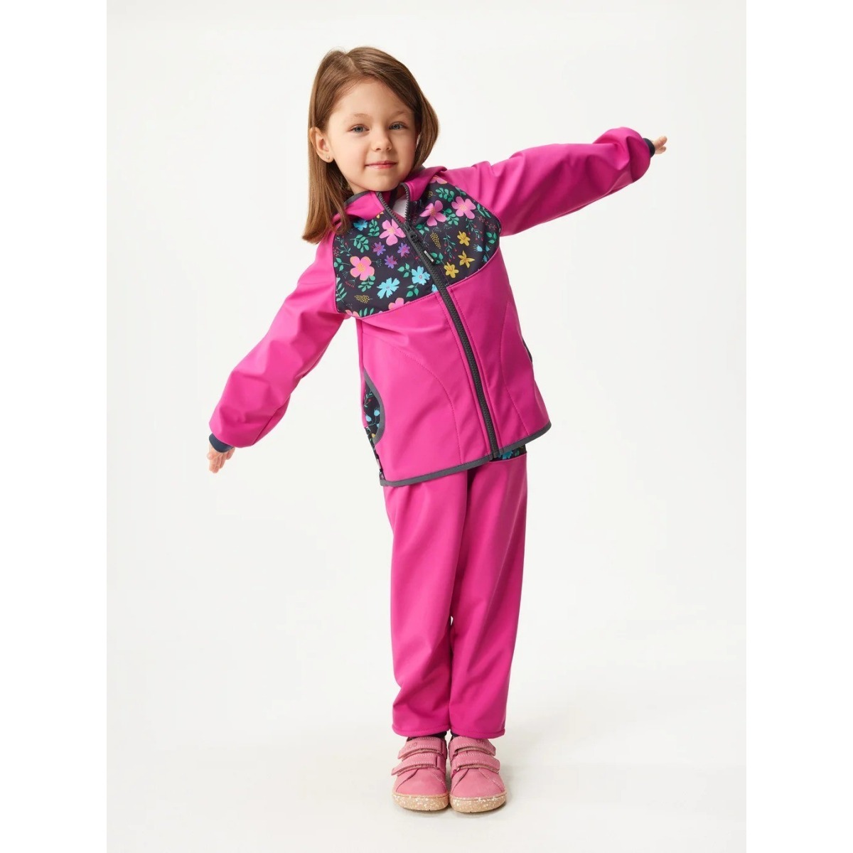 Bērnu softshell jaka Basic ar flīsa oderi, fuksijas krāsā ar ziediem