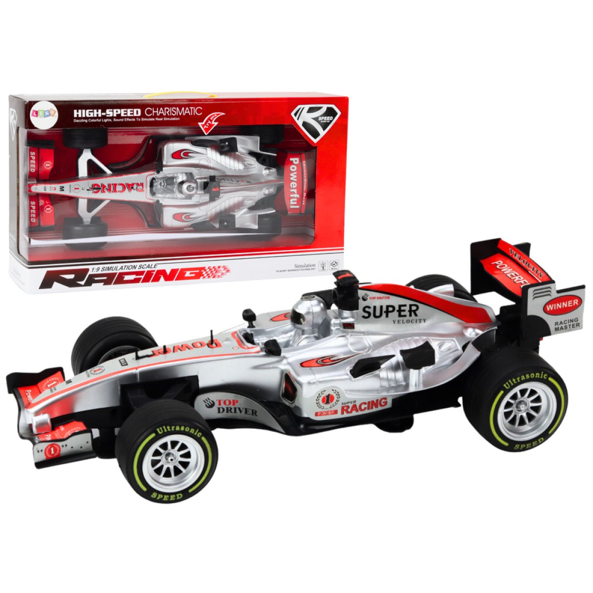 Sudraba sacīkšu auto ar skaņām, 1:9