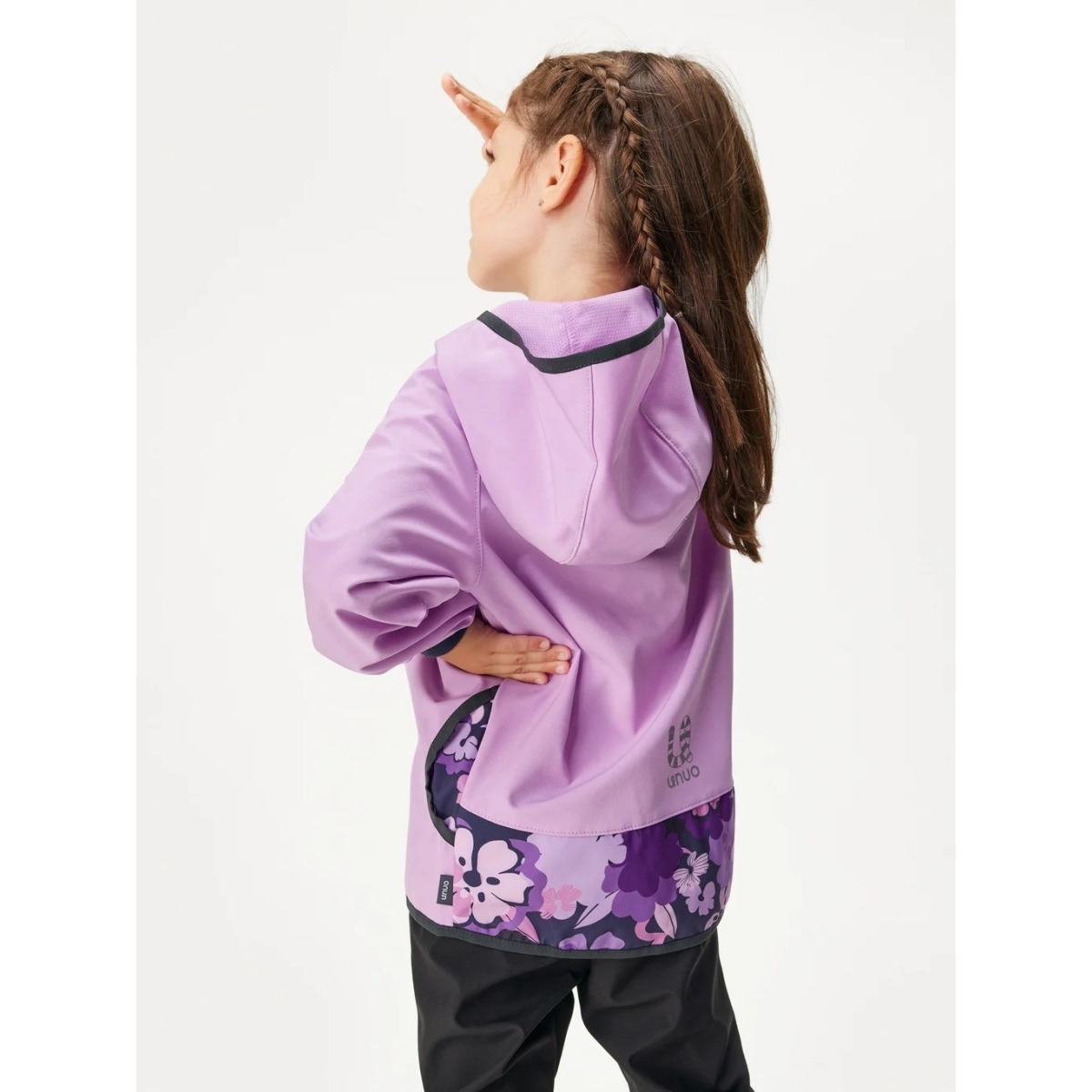 Bērnu softshell jaka bez oderes, violeta ar ziediem