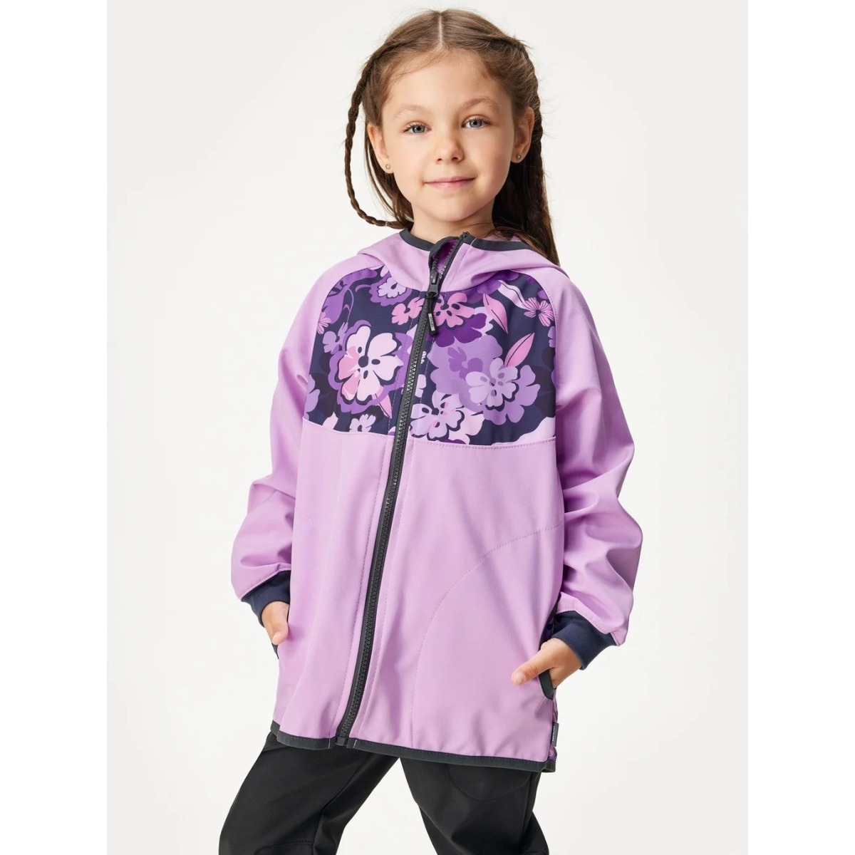 Bērnu softshell jaka bez oderes, violeta ar ziediem