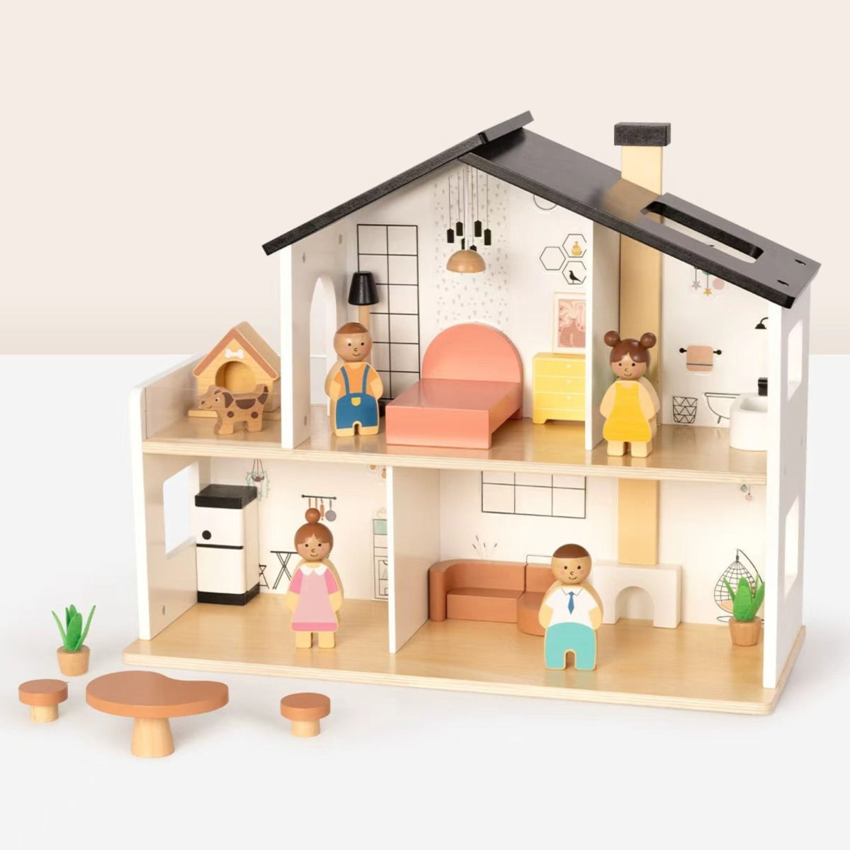 TOOKY TOY Koka nukumaja koos tarvikute ja perekonnaga 20 osa