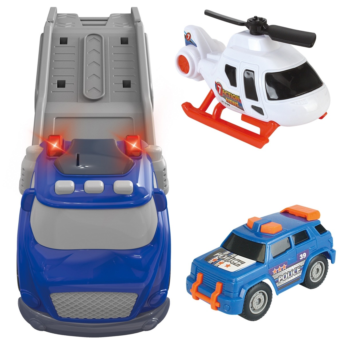 Zilais policijas evakuators City Truck ar gaismas un skaņas efektiem