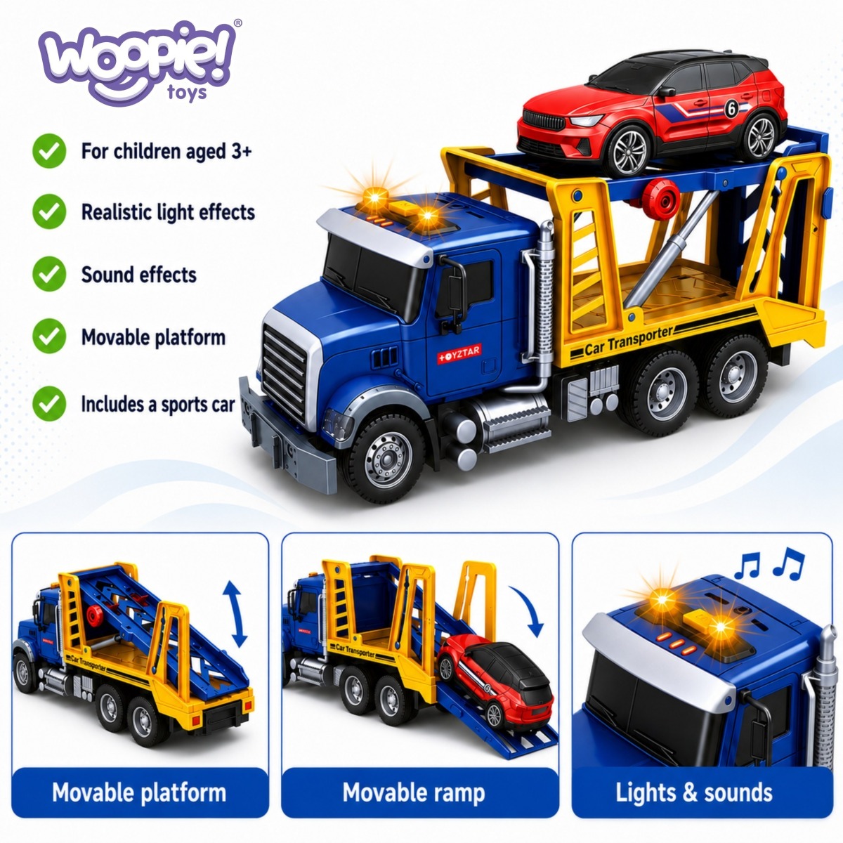 Puksiirauto transporter auto valguse heli skaalaga 1:14