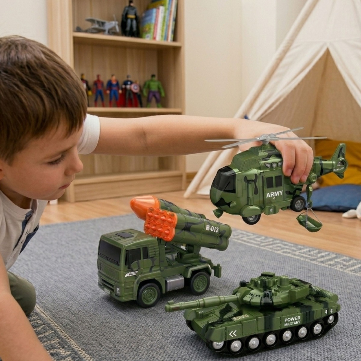 Militāro transportlīdzekļu komplekts ar tanku un helikopteru 1:20