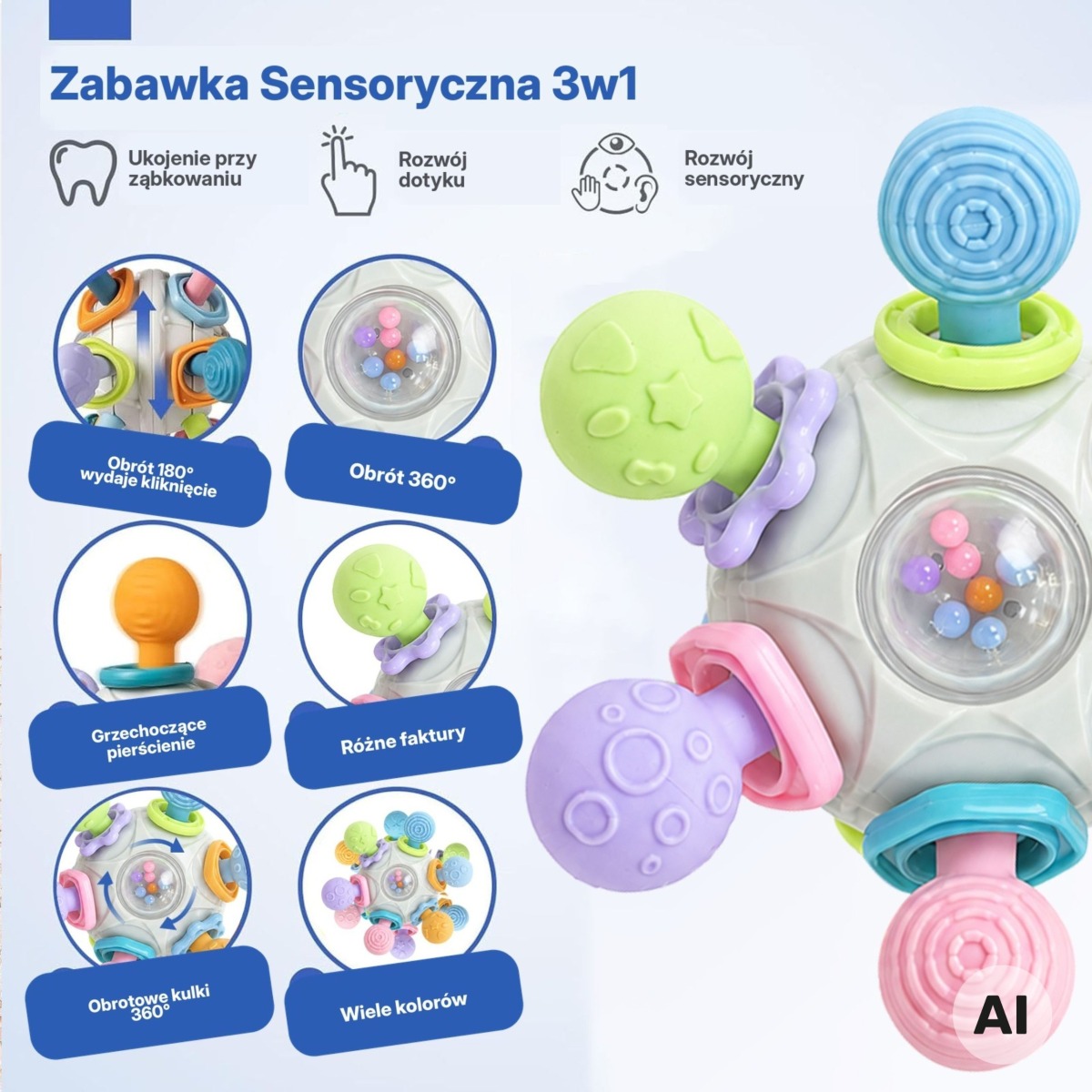 BABY sensoorne rotaļlieta hambakuul 3in1 pall 6m+
