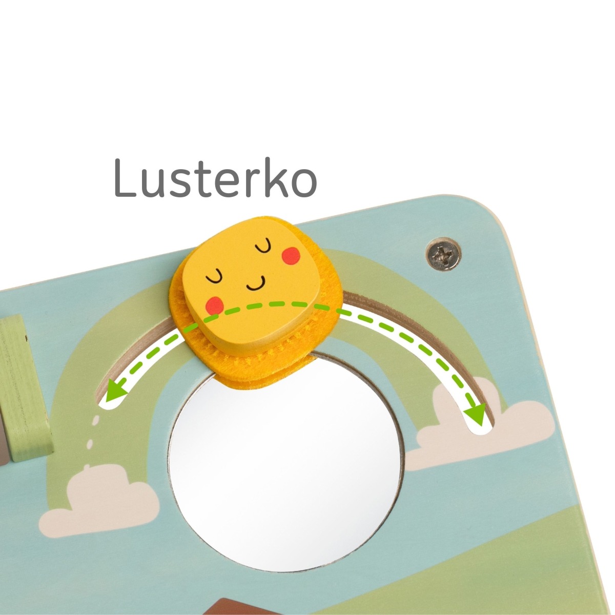Koka aktivitāšu dēlis ar lauku motīviem, pērlīšu labirintu un vējdzirnavām