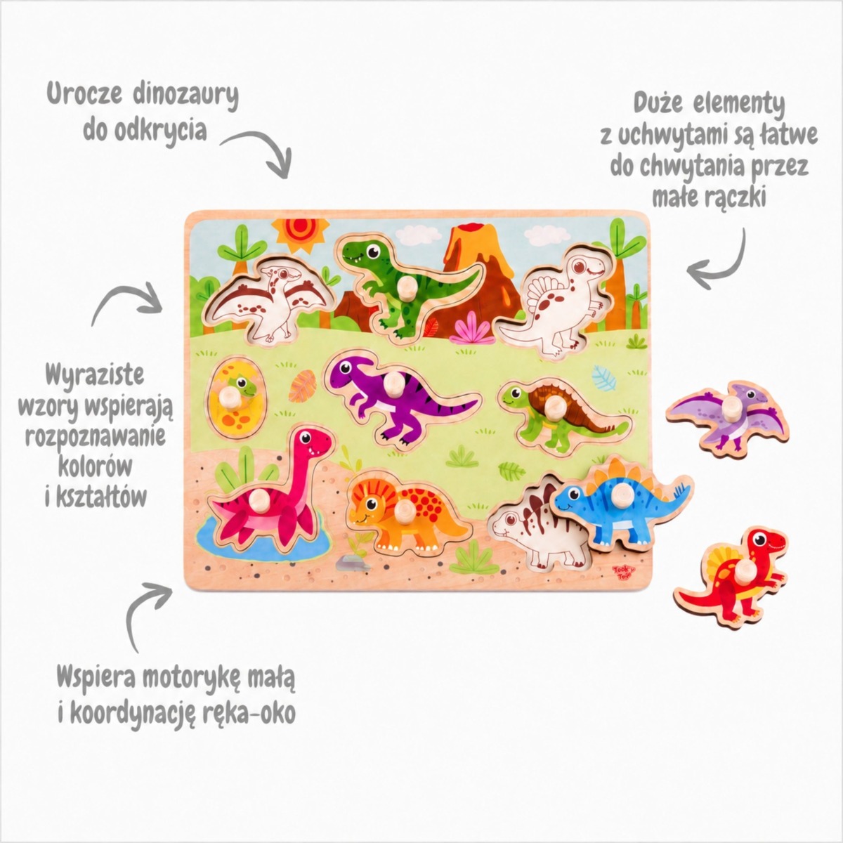 Koka Montessori nuppudega pusle Dinosauruste kujuga pusle