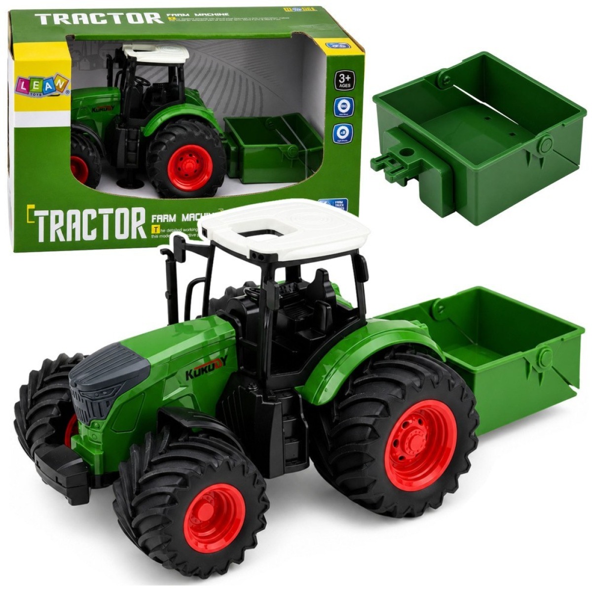 Roheline põllutraktor väetisekülviku ja kummiratastega, 1:24