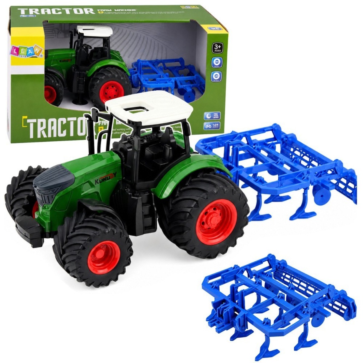 Roheline põllutraktor kultivaatoriga 1:24
