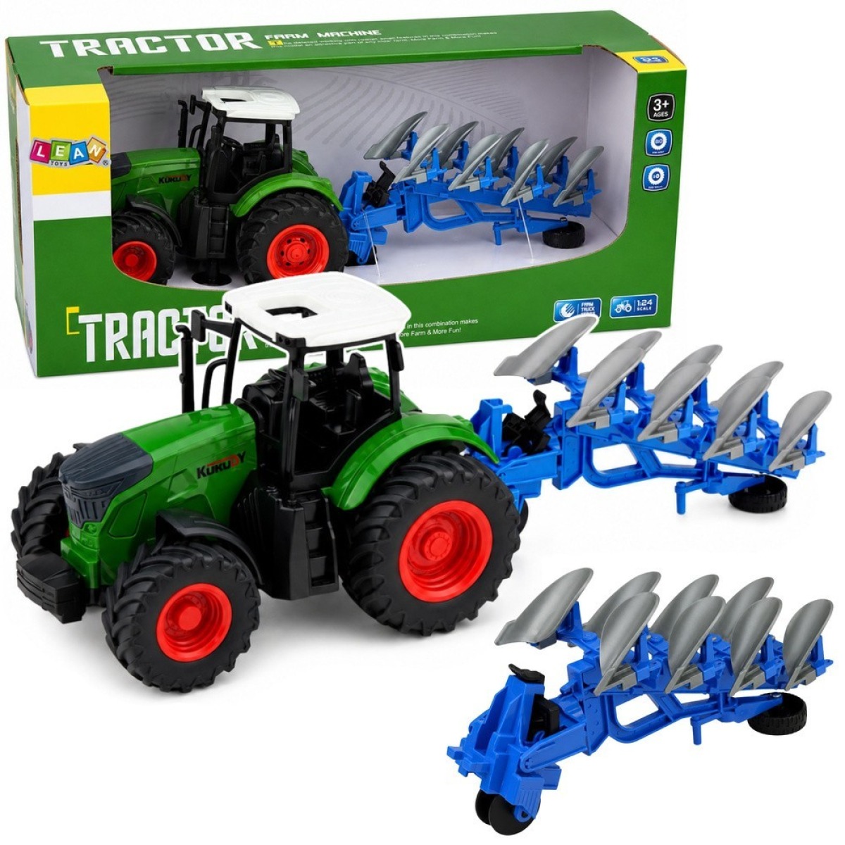 Roheline 1:24 kummiratastega põllutraktor mitmevaolise adrag