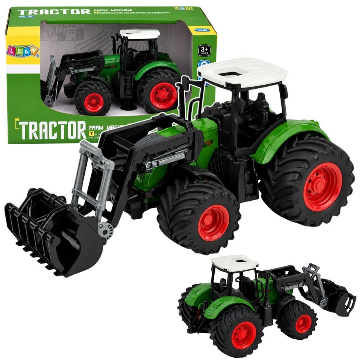 Roheline põllutraktor kummirataste ja esilaaduriga, 1:24