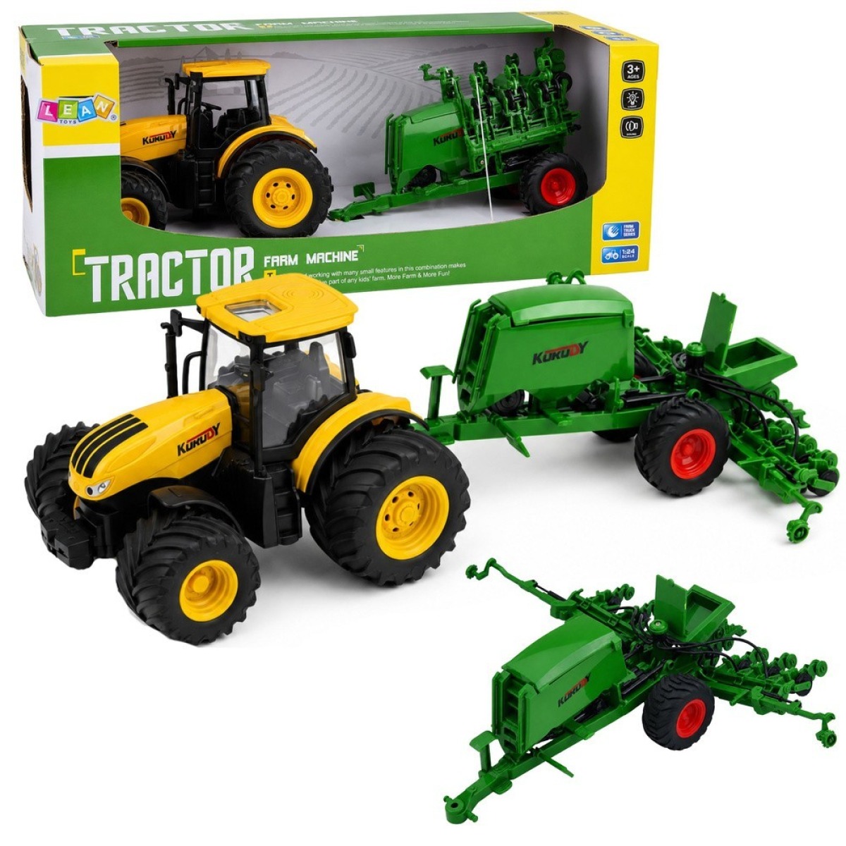 Kollane põllutraktor külvikuga, tulede ja helidega 1:24