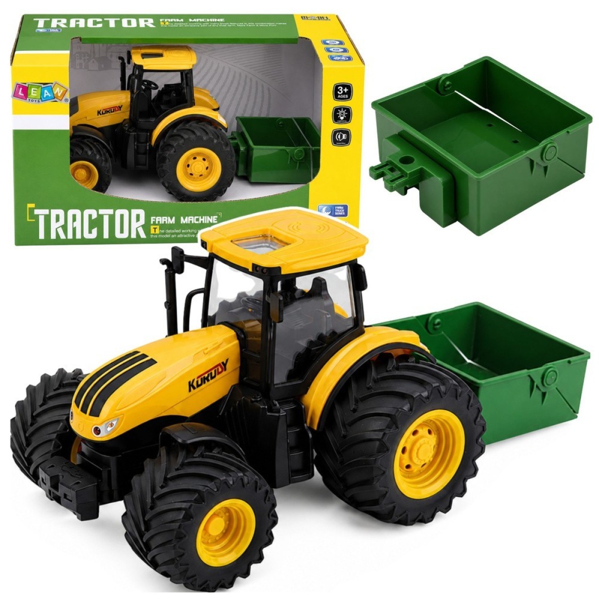 Kollane põllutraktor väetisekülvikuga, tuled ja helid, 1:24