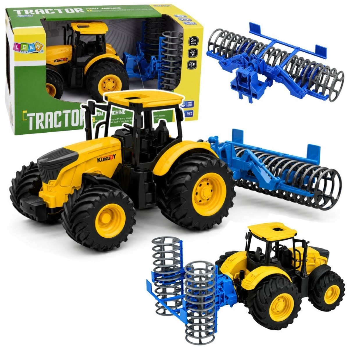 Kollane põllutraktor kultivaatorirulliga 1:24