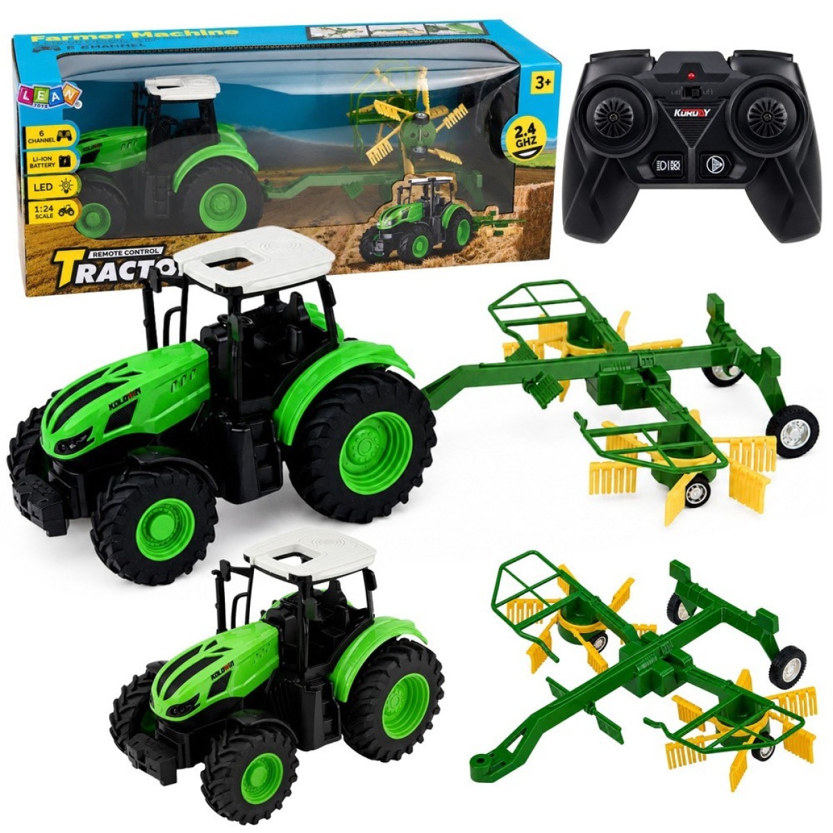 Kaugjuhitav talutraktor rehaga ja LED-tuledega 1:24
