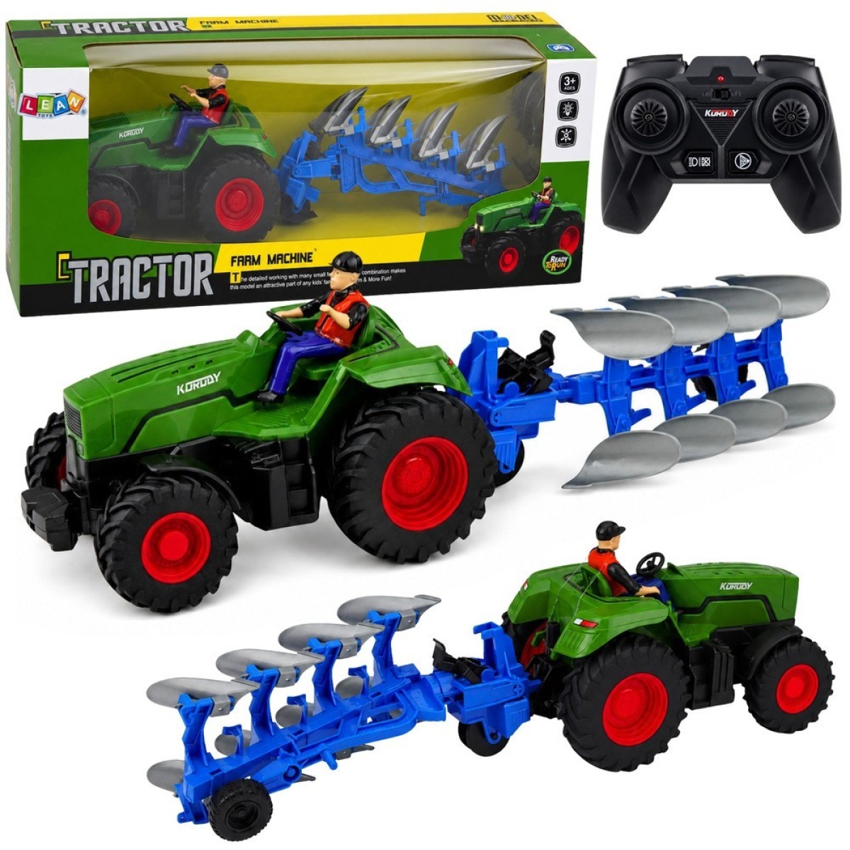 Roheline kaugjuhitav RC-talutraktor adraga, põllumehe ja tul
