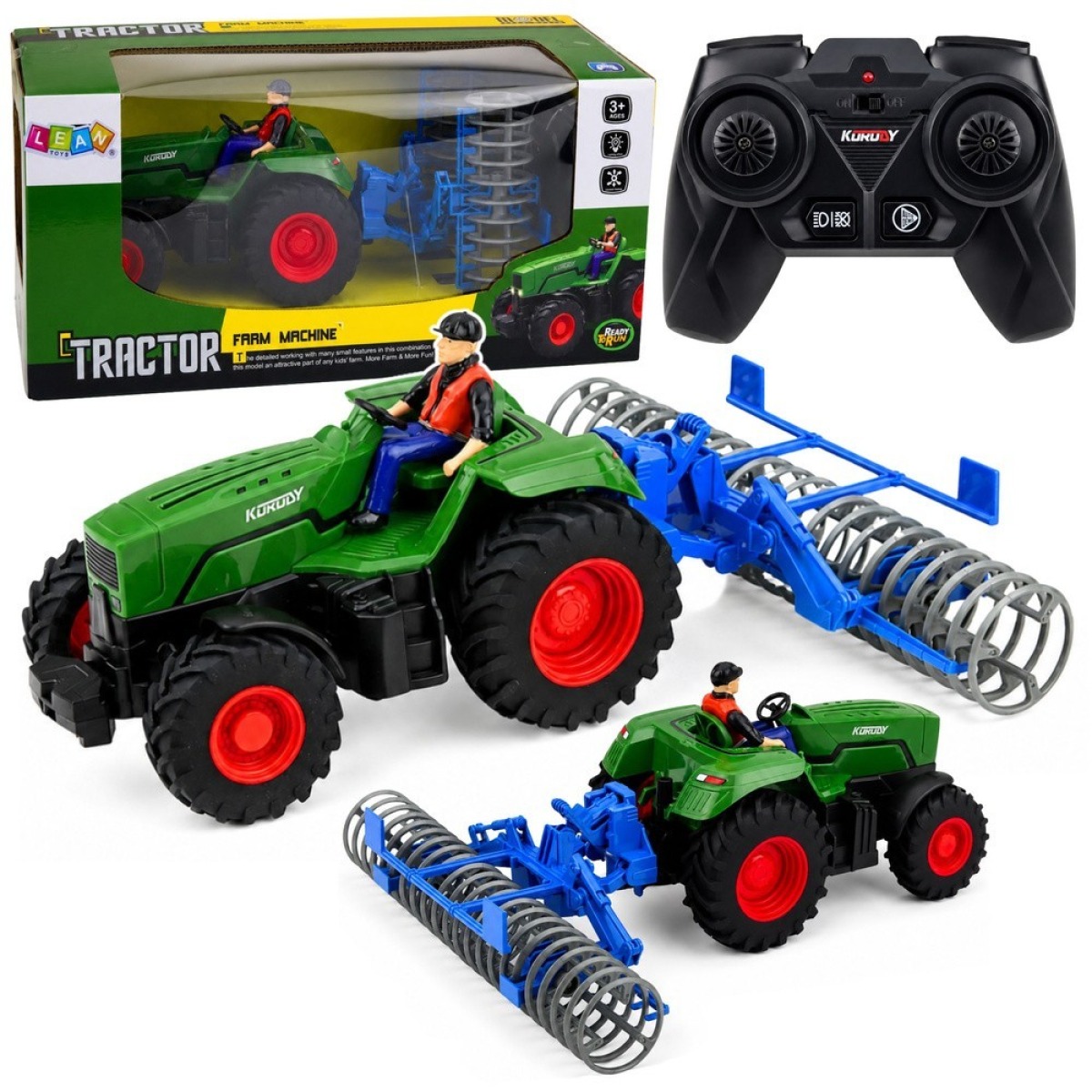 Roheline kaugjuhitav traktor põllurulli ja põllumehega, 1:24