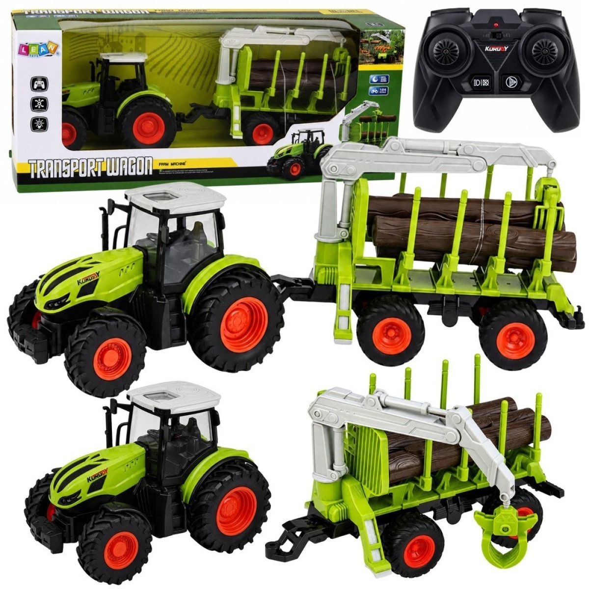 RC-kaugjuhitav traktor metsahaagise ja palgihaaratsiga, 1:24