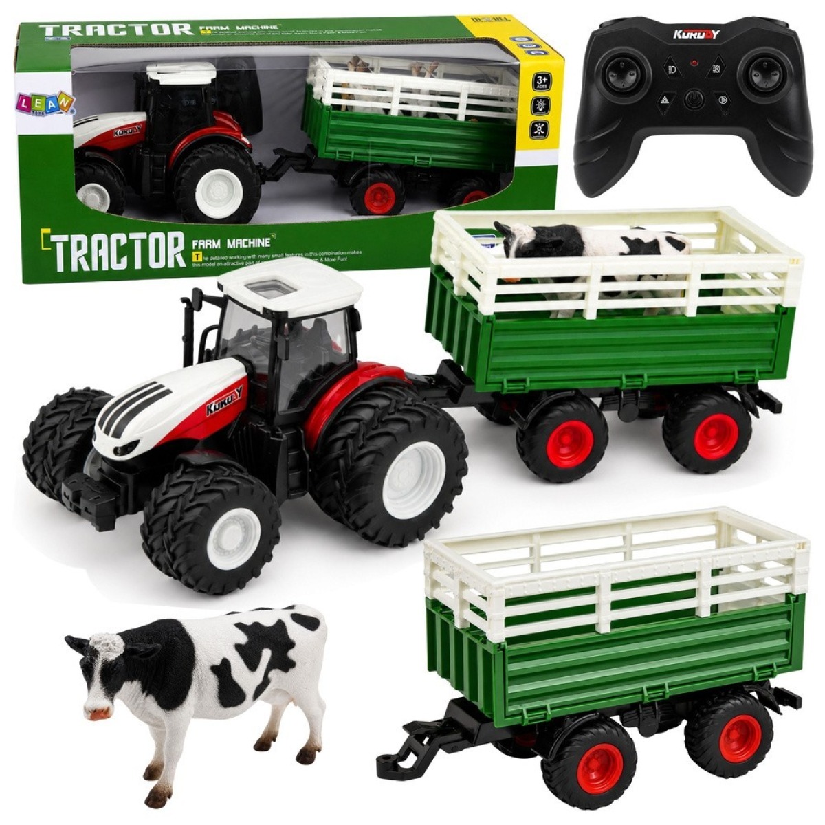 Tālvadāms saimniecības traktors RC 1:24 ar piekabi un govs figūriņu