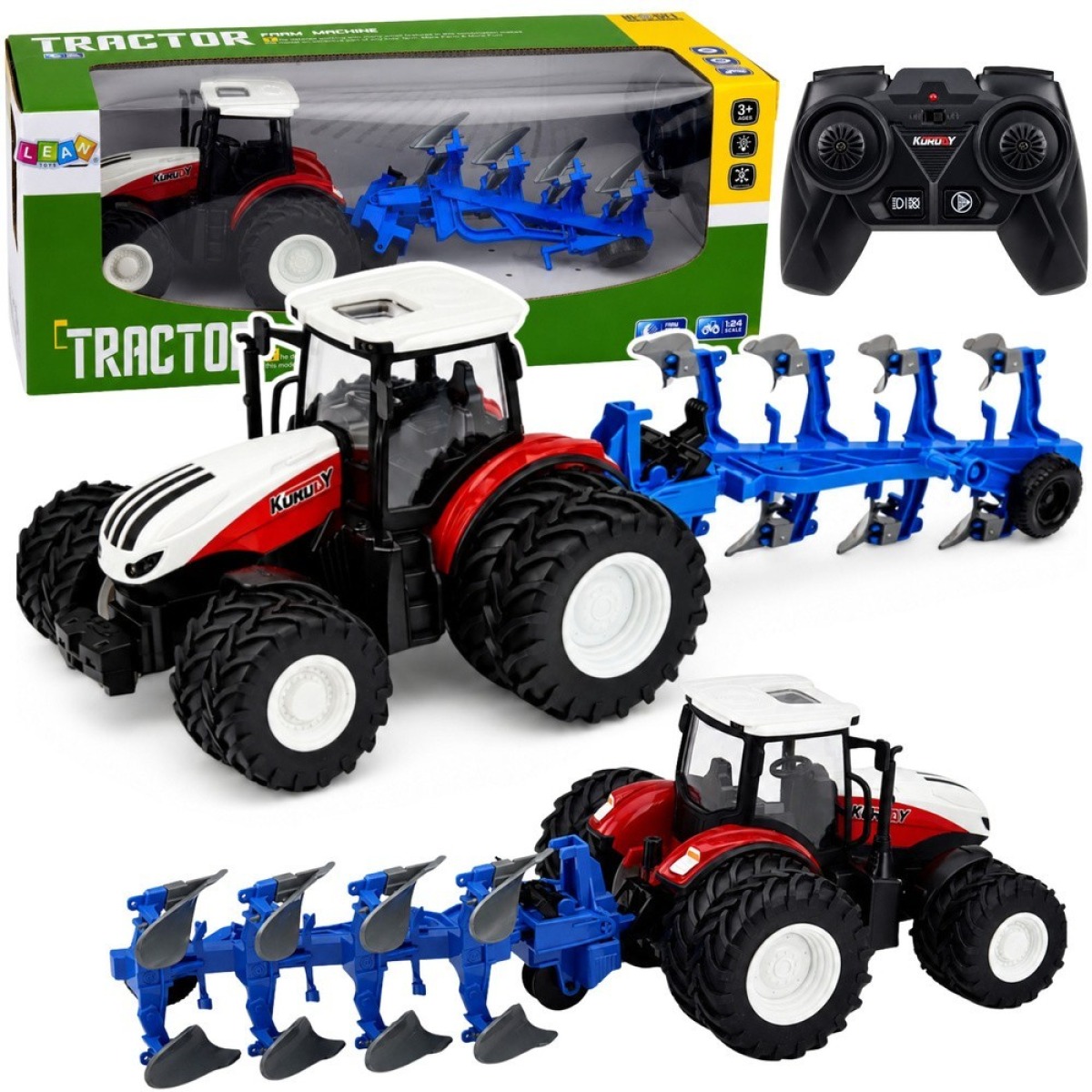 Punane kaugjuhitav põllutraktor adraga, 1:24