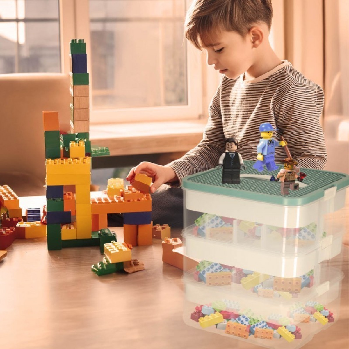 3 līmeņu LEGO klucīšu uzglabāšanas kaste ar regulējamiem nodalījumiem