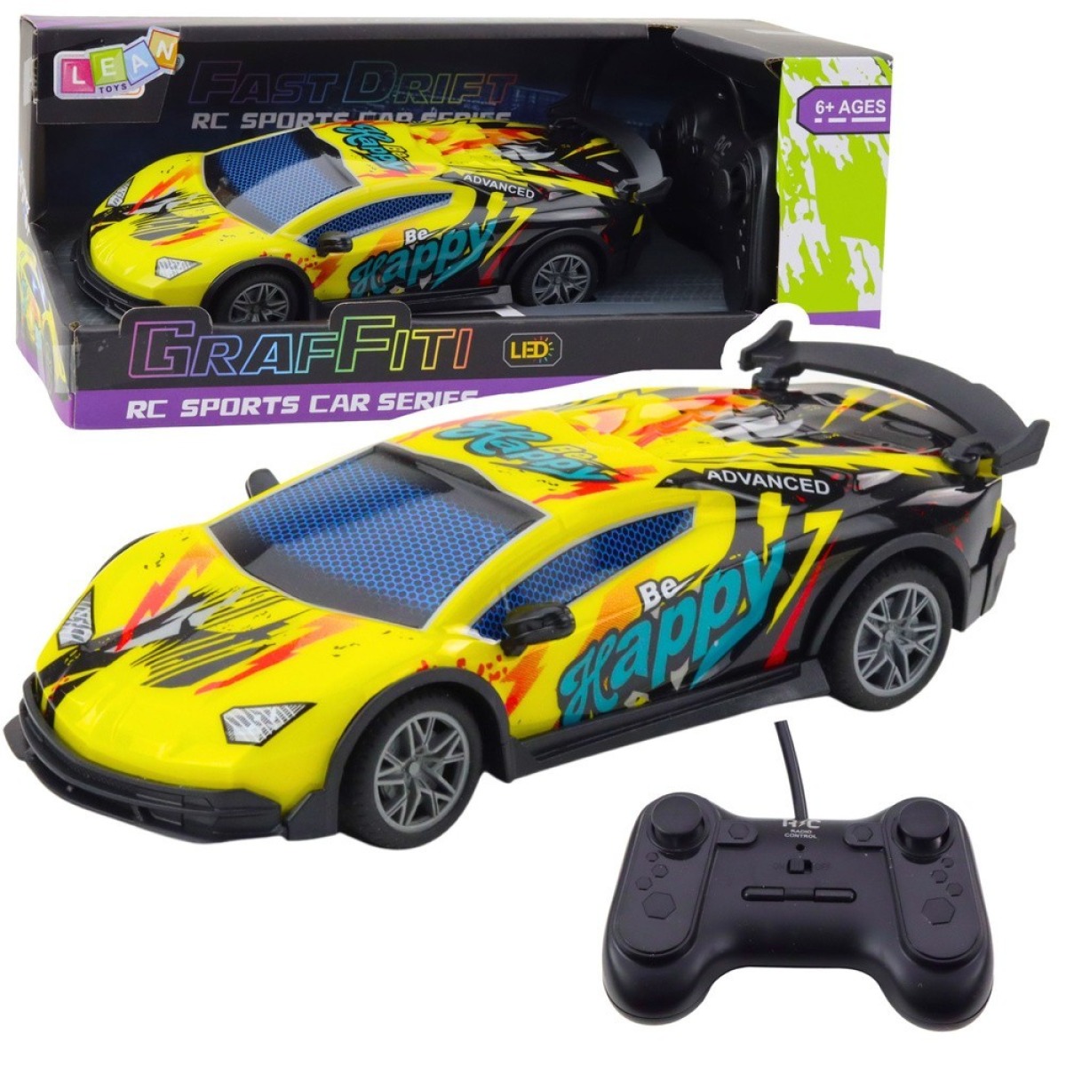 Kollane kaugjuhitav sportauto LED-tuledega, 1:22
