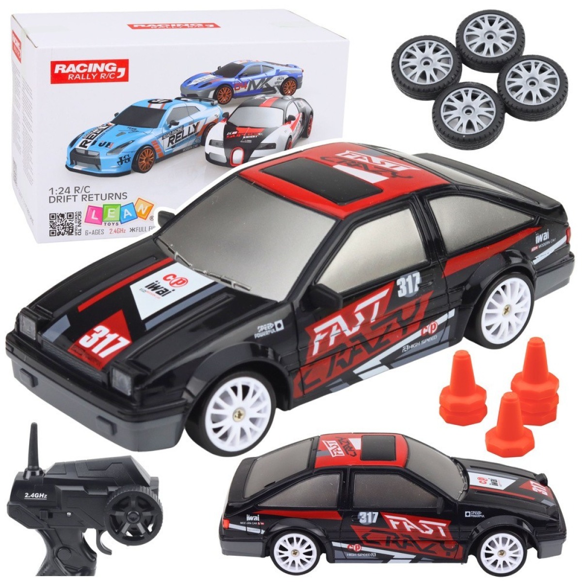 Melns 1:24 mēroga RC drifta kupejas modelis