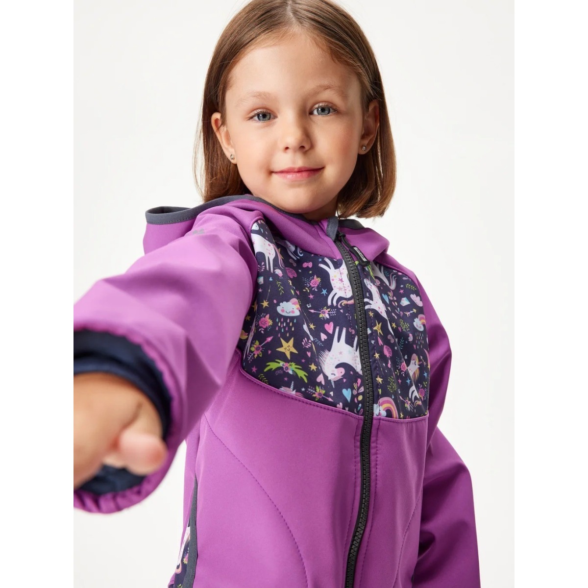 Bērnu softshell jope fliisvoodriga Basic, lilla/ükssarvikud