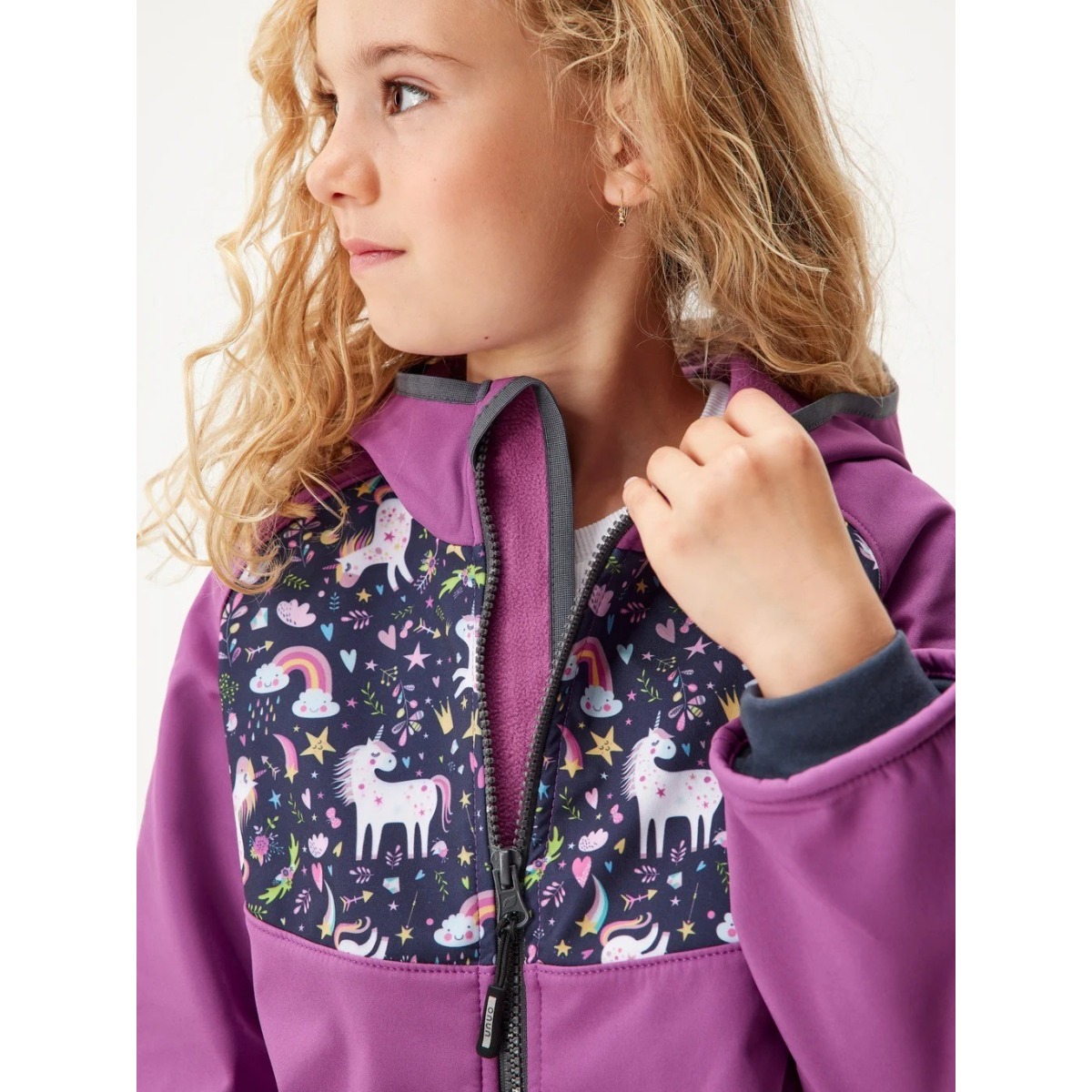 Bērnu softshell jope fliisvoodriga Basic, lilla/ükssarvikud