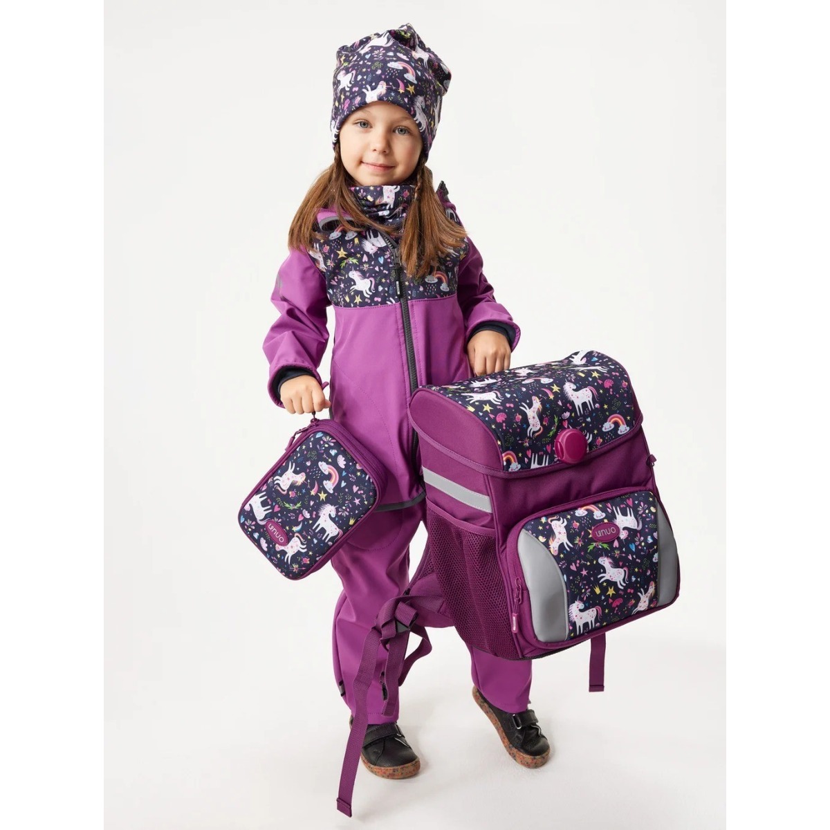 Bērnu softshell jope fliisvoodriga Basic, lilla/ükssarvikud