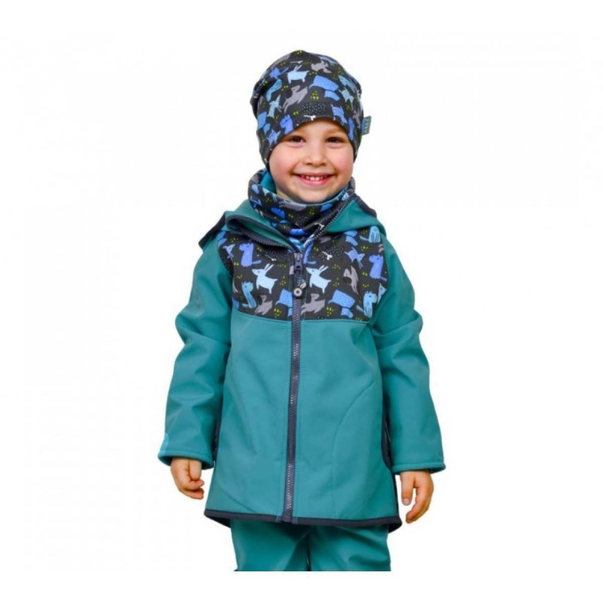 Bērnu softshell jaka ar flīsa oderi Basic, smaragda zaļa/suņa raksts