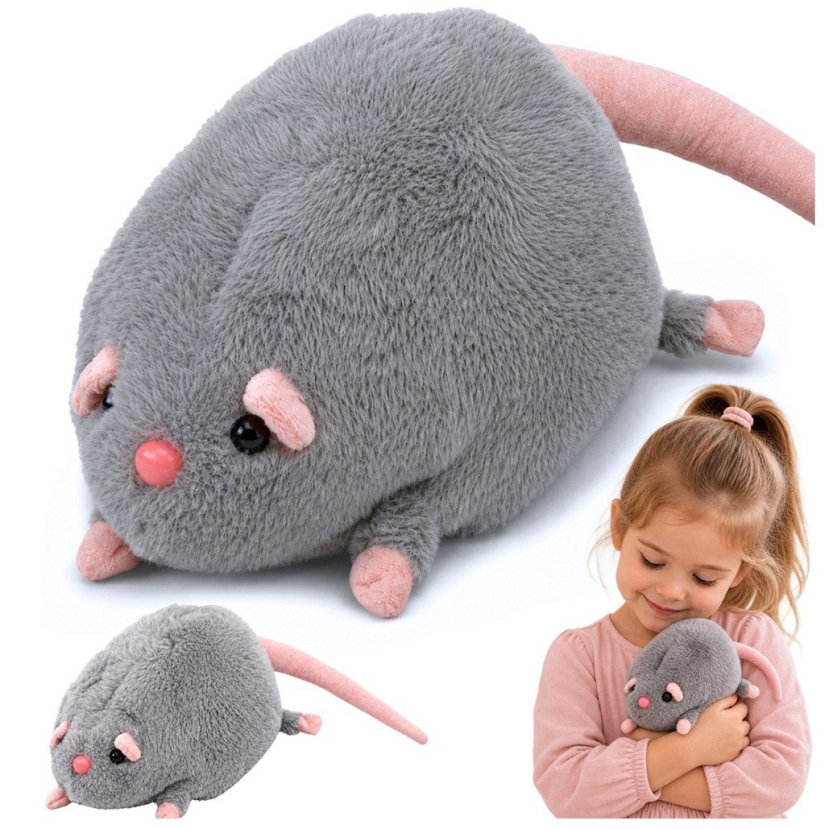 Mīksta pelēka rotaļu žurka ar garu asti, 40 cm
