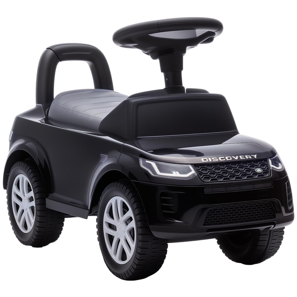 Melns Land Rover Discovery bērnu automobiļa atgrūžamais braucamais ar skaņas signālu un uzglabāšanas nodalījumu