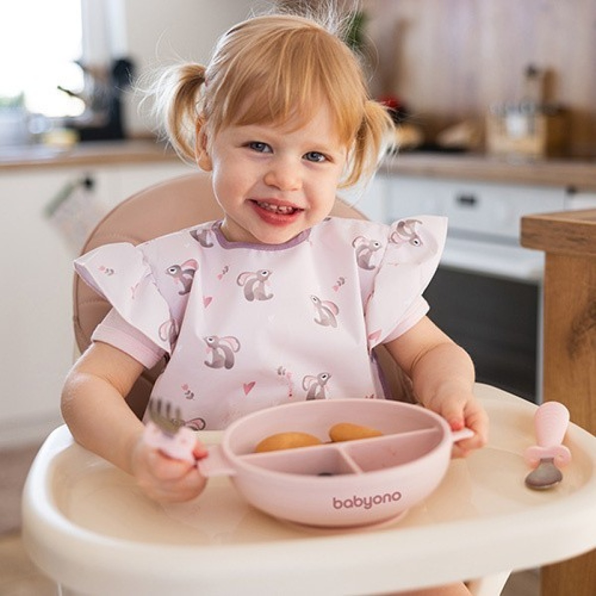 Babyono silikona šķīvis ar piesūcekni un vāku, rozā