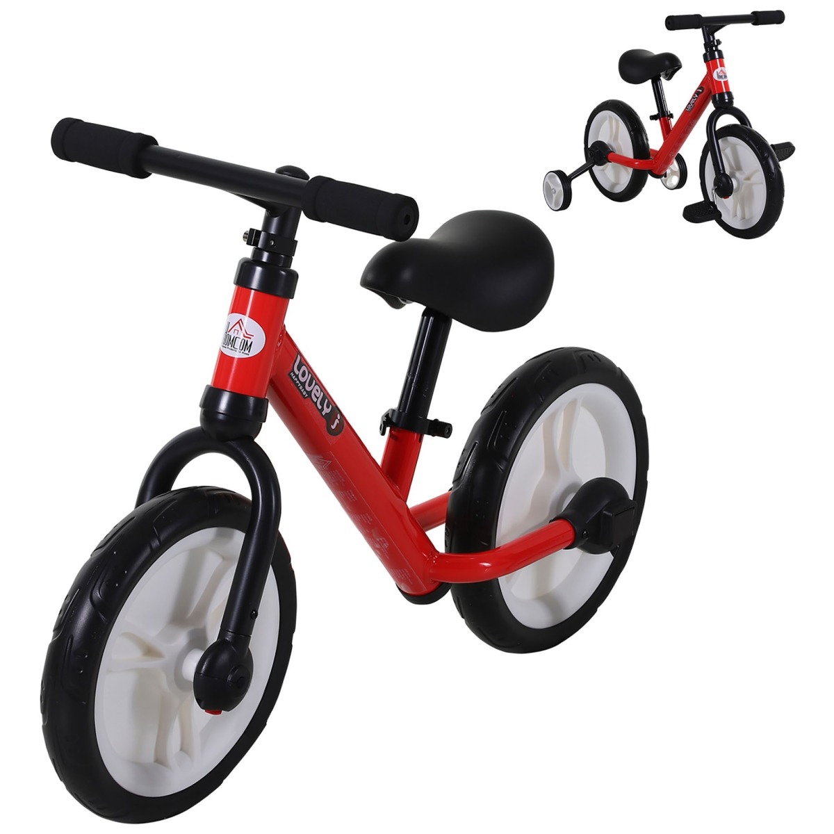 Sarkans bērnu velosipēds 4 vienā ar stabilizatoriem un pedāļiem