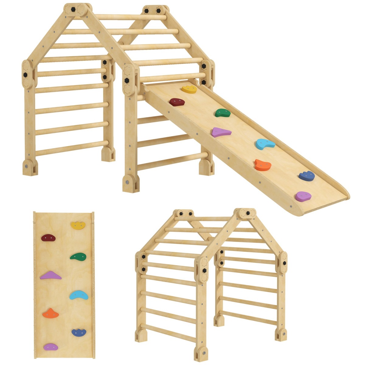 Saliekams 3-in-1 koka kāpelēšanas rāmis ar kāpnēm un slidkalniņu