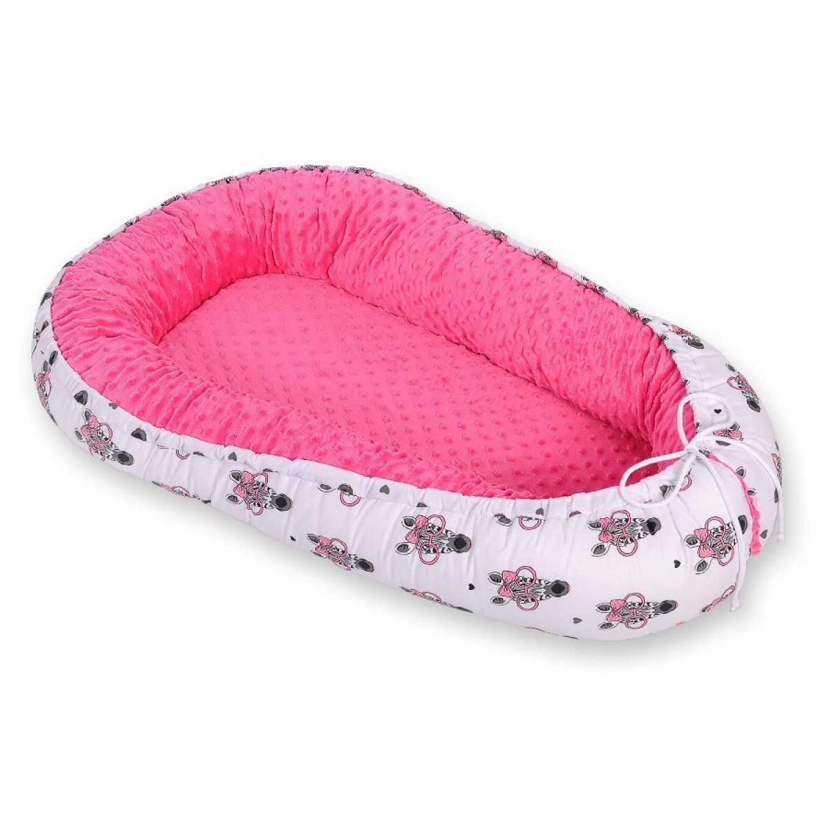 Bobono Reversible Premium ligzda mazulim – rozā minky audums ar zebru rakstu