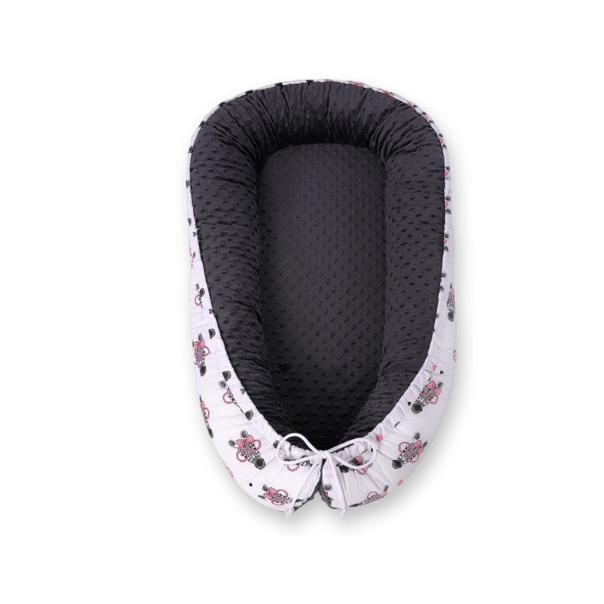 Bobono Reversible Premium ligzda mazulim – rozā minky audums ar zebru rakstu