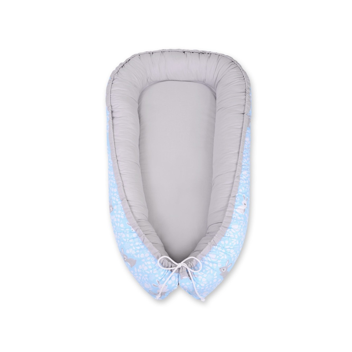 Bobono abpusējā premium ligzdiņa mazulim – Blue Rabbits / Grey
