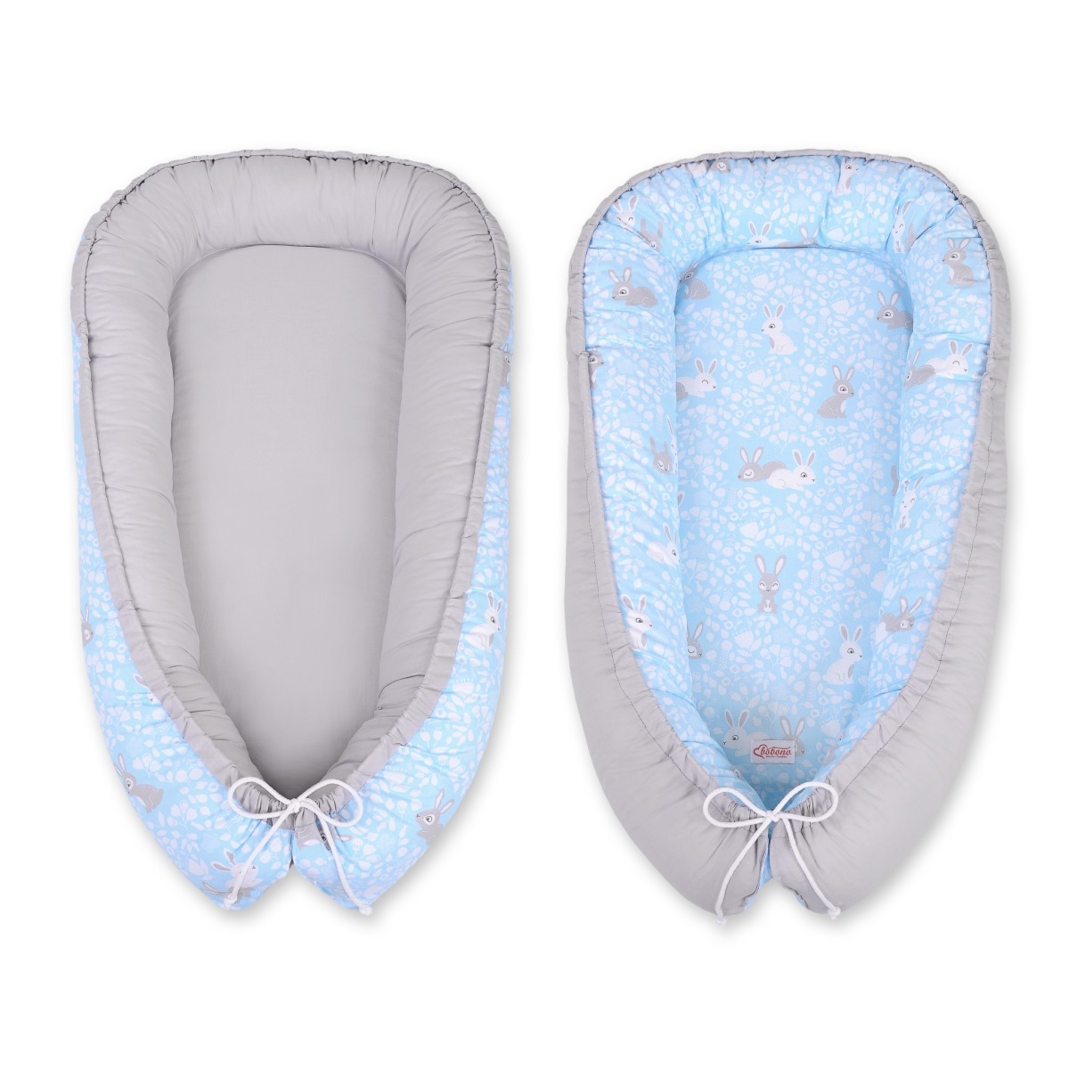 Bobono abpusējā premium ligzdiņa mazulim – Blue Rabbits / Grey