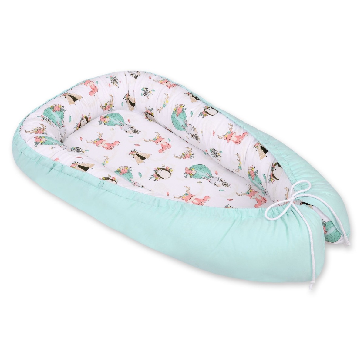 Bobono Premium divpusējs mazuļa ligzdiņas kokons – Foxes Beige/Mint