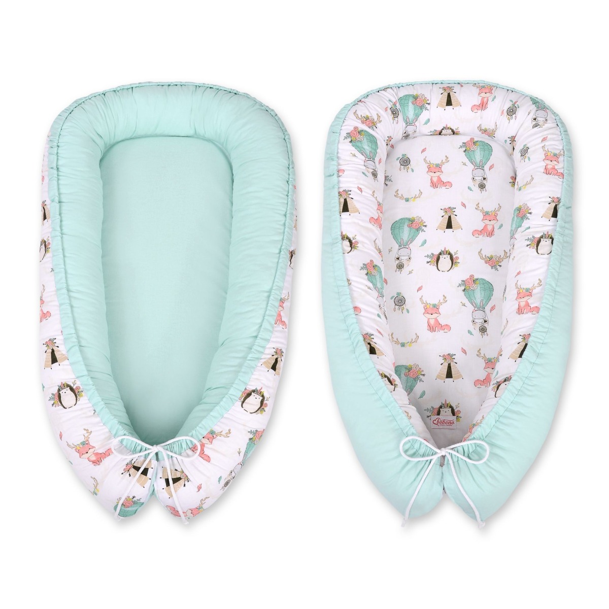 Bobono Premium divpusējs mazuļa ligzdiņas kokons – Foxes Beige/Mint