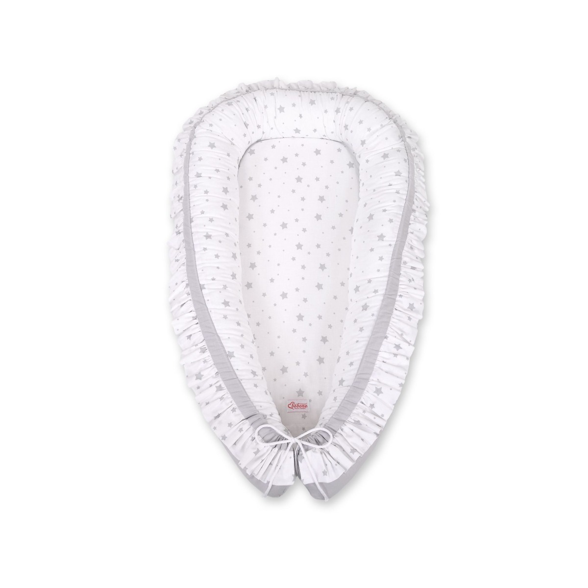 Bobono Premium ligzdiņa mazulim ar volānu – Mini Grey Stars / Grey
