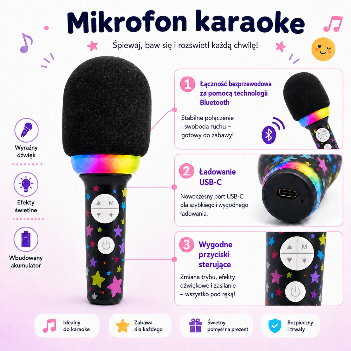Bezvadu karaoke mikrofons ar skaļruni, melns, BT