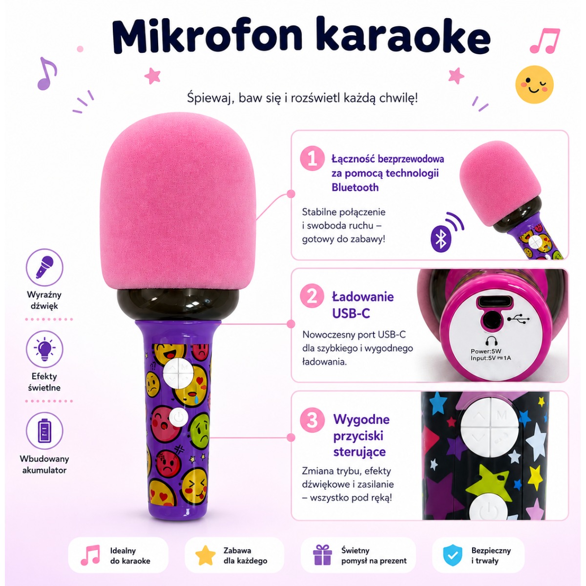Bezvadu karaoke mikrofons ar skaļruni, rozā krāsā